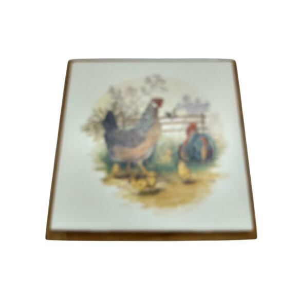 H. Arndt Vintage Rooster Hen Chicks Ceramic Trivet Tile Wood Frame Japan - Picture 2 of 8